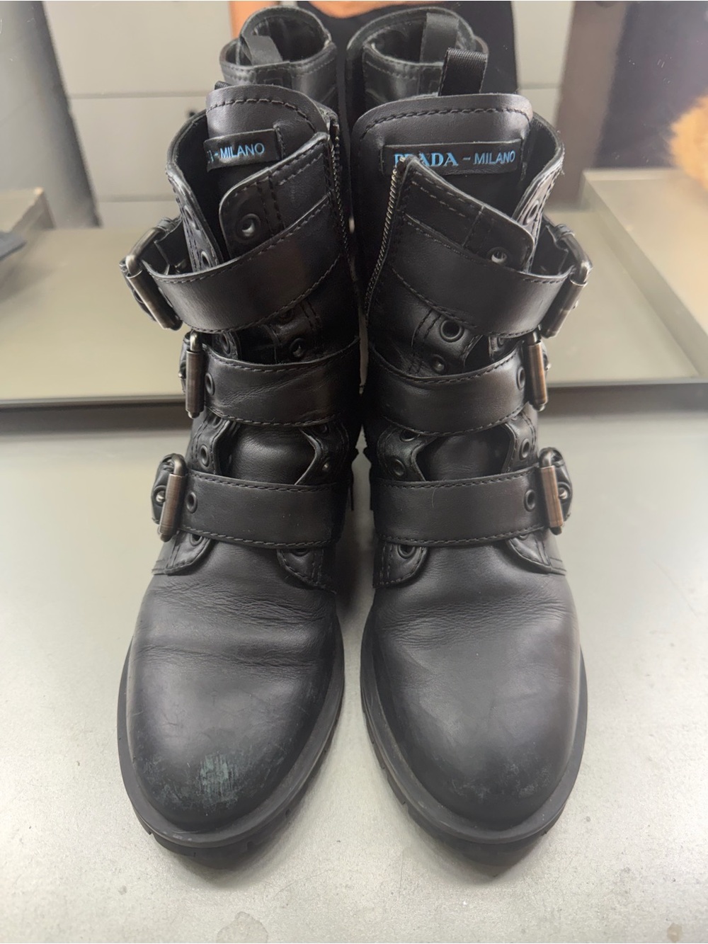 Prada Black Leather Triple-Buckle Combat Boots